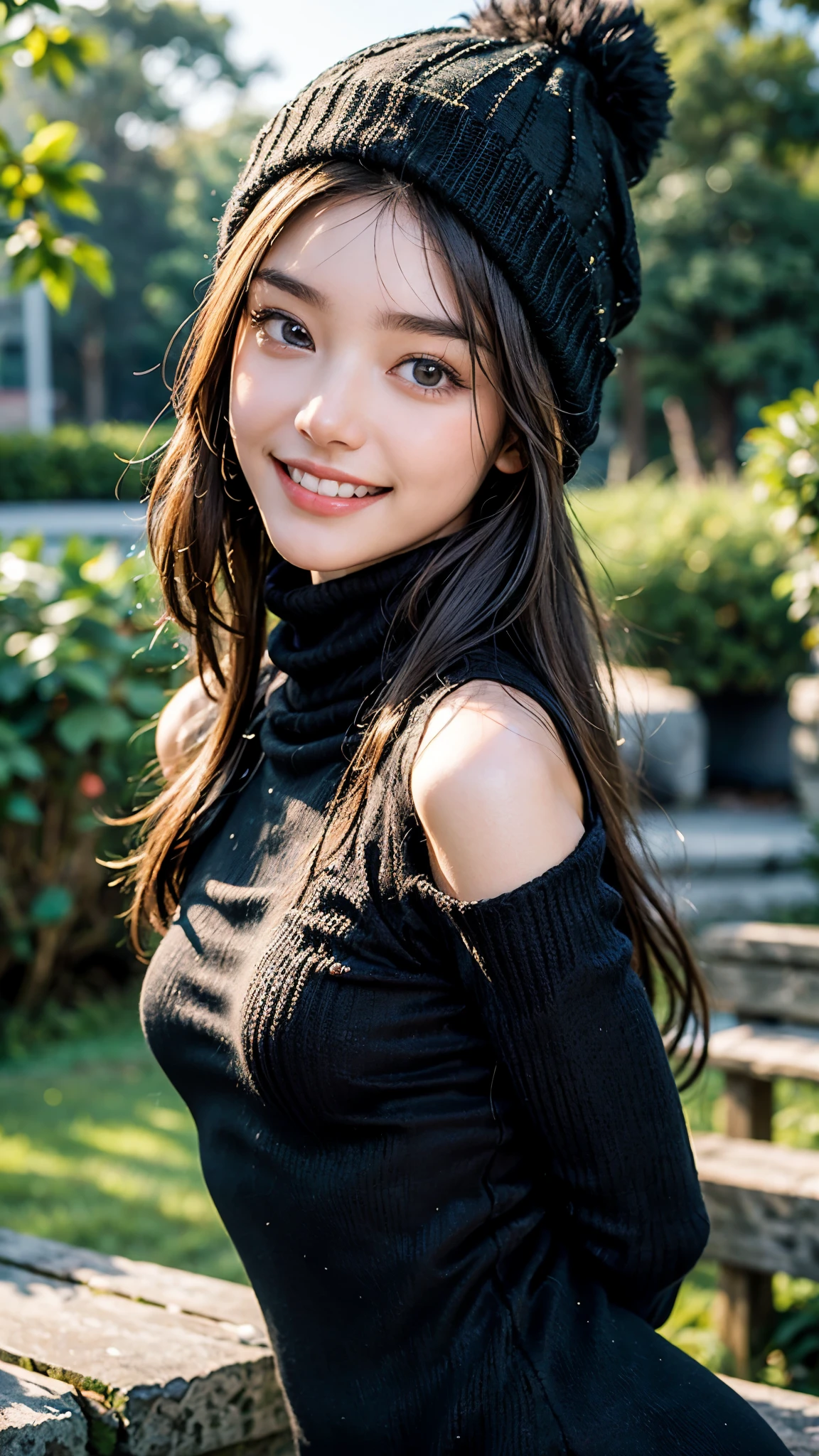 highest quality, masterpiece, ultra high resolution, (realistic:1.4), (close portrait) Raw photo, 1 girl, 22 years old, (((Black turtleneck back open knit dress black))),(((Black knitted hat))), masterpiece, realistic pictures, japanese pictures, fuji negative film, saturation, contrast, Pocari Sweat Advertisement ((small breasts)),((smiling showing teeth)),Long hair straight,brown hair,
