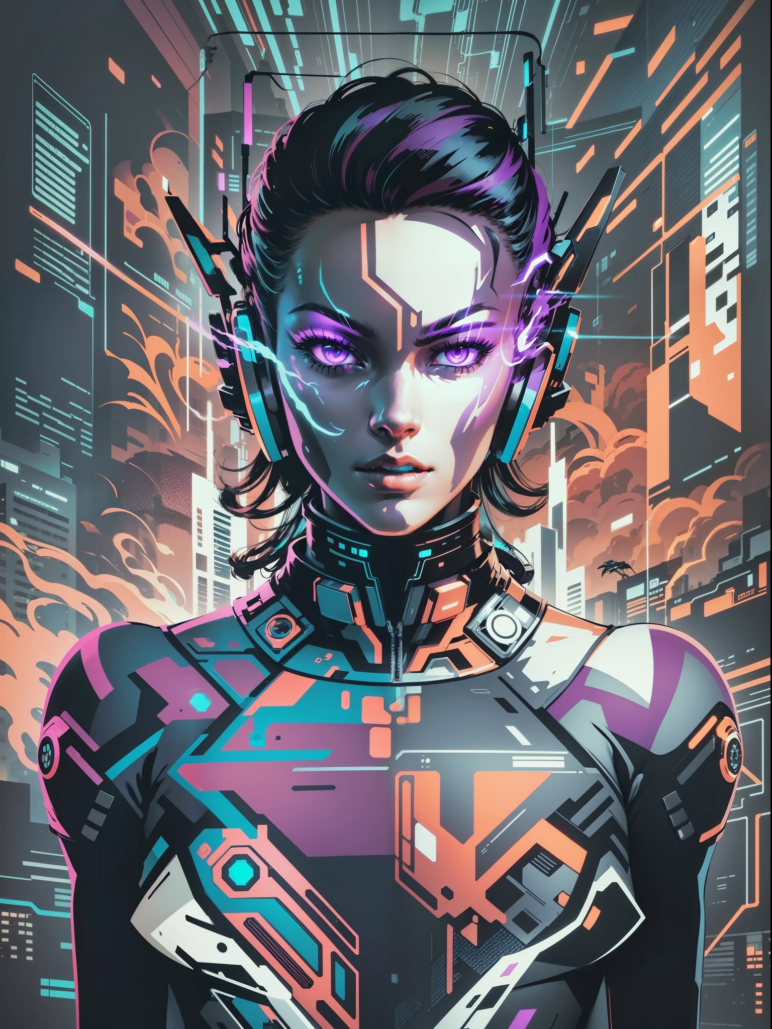 graphic design t-shirt, flat design, futuristic cyberpunk robot in mix of tones, ,, sexy body, , flashing , big , metal skin,metal , laser beams, purple emissive eyes, colorful tones, clean highly detailed, vector image, smoke explosion, simple background, flat white background, bright vector ((white background) )