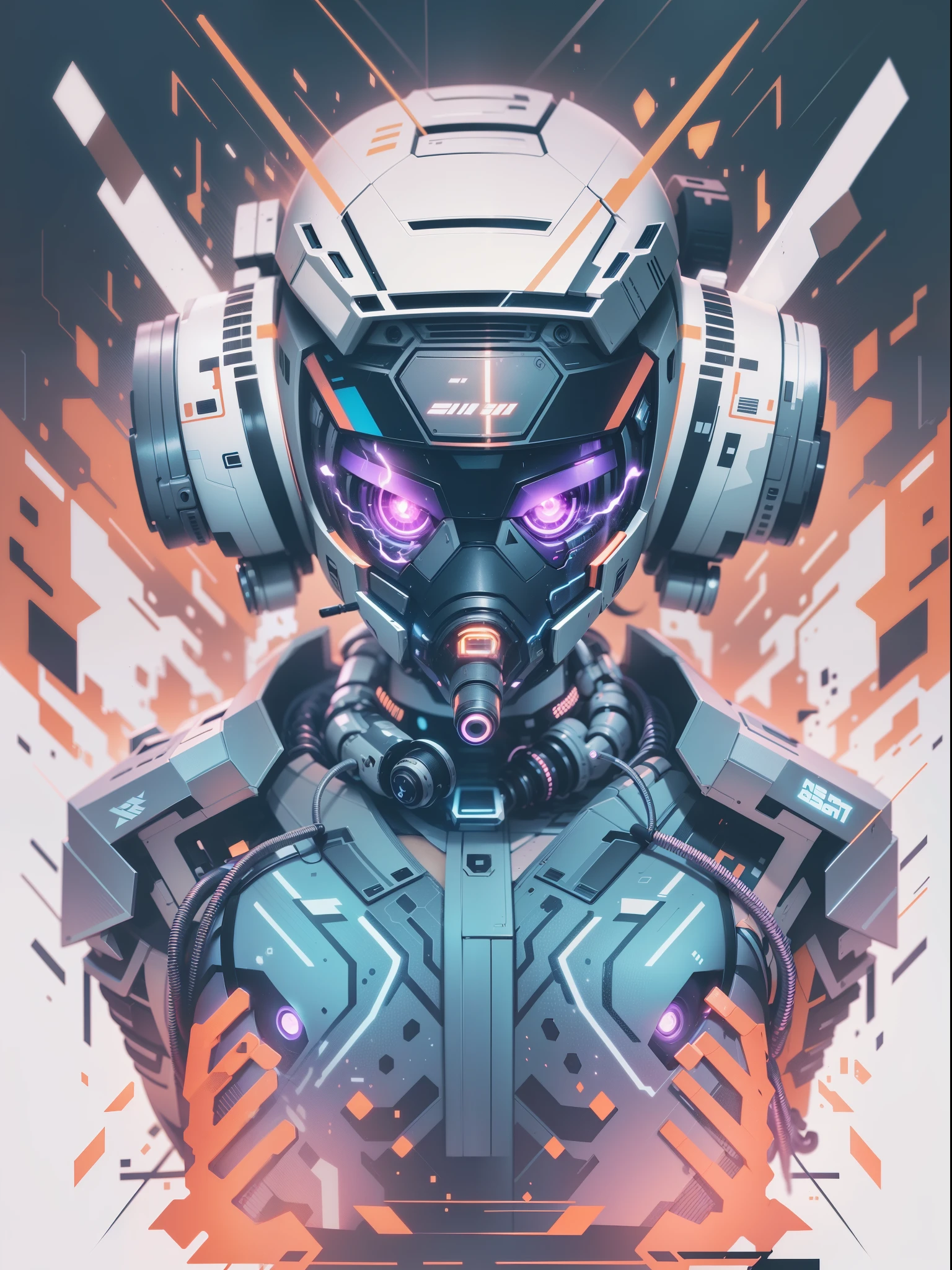graphic design t-shirt, flat design, futuristic cyberpunk robot in mix of tones, topless,, sexy body, topless, flashing , big , metal skin,metal nipples, laser beams, purple emissive eyes, colorful tones, clean highly detailed, vector image, smoke explosion, simple background, flat white background, bright vector ((white background) )