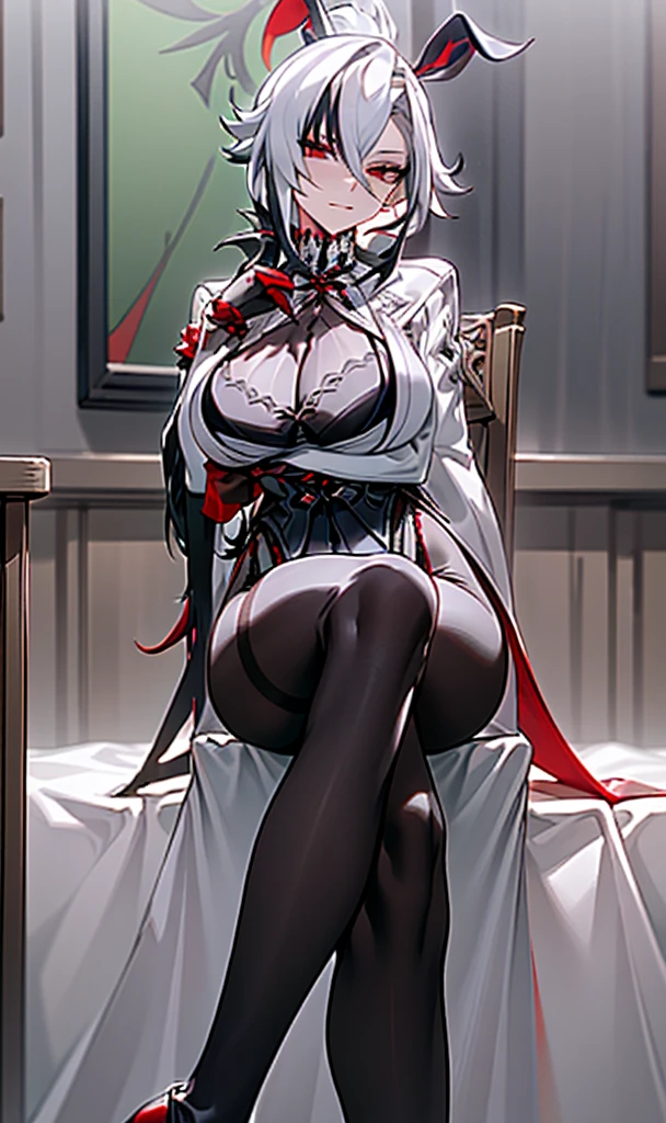 NSFW, ((Masterpiece, best qualtiy)),arlecchino, arlecchino from genshin impact, exquisitedetails,Fine background,Delicate light,Ray traching,Perfect texture,one-girl,White shirt,Black super shorts,Black band on upper body,Strangle,leg loops,Black stockings,black military boots,Red pupils,Glowing pupils,Exquisite facial features,long leges,Elaborate Eyes,Disdainful eyes,evilsmile,Gloomy environment, voluptuous figure,big tits, Big breasts and thin waist,Tall guy,抖S,Royal Sister,full body shot shot,Be red in the face,White skin, white hair,Red pick dye,Only a pair of rabbit ears,Narrowing of the skin,Strangulation,mitts,Black clothing,Foot shot,Seductive action,inside in room,sit on chair,Hold your cheeks with both hands,Look down,Positive perspective,Show the legs,Show feet,Show feet,blackstockings,Erlang legs,Wearing military boots on his feet,Show off your shoes,Reasonable limb position