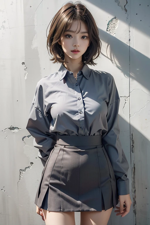 best image quality、Raw photo、Super high resolution、18 year old female、Shooting for one person only、model shoot、Autumn outfit、fashionable clothes、school uniform、Beautiful eyes in every detail、very elongated eyes、beautiful eyelashes、beautiful double eyelids、very thin legs、Shorthair with light brown hair、very slender physique、gray wall