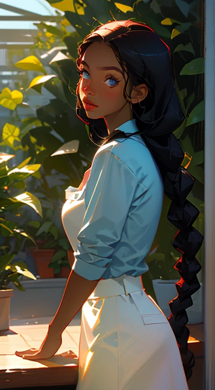 beautiful young woman, 2 long braids, thick bangs, dark hair, a lot of make-up, detailed eyes, detailed hair, detailed face, wearing round glasses, dark skin, portrait. face shot, long head, big nose, big lips, ebony skin, mischievous, blue eyes, wearing a white blouse, long blue skirt, with a brown apron, half body view, slim girl, , tending to a potted plant on a table, greenhouse background (natural skin textures、Hyper-Realism、Soft light、sharp)
