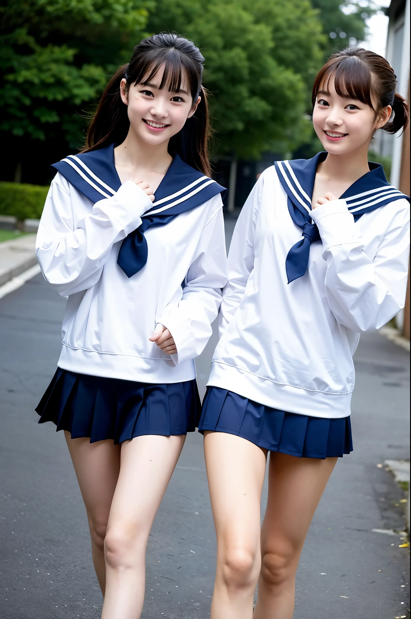 2 girls walking in school yard,long-sleeved white sailor shirt over navy blue school swimsuit,18-year-old,bangs,a little smile,thighs,knees,short cut hair,low ponytail,from below,front-lighting