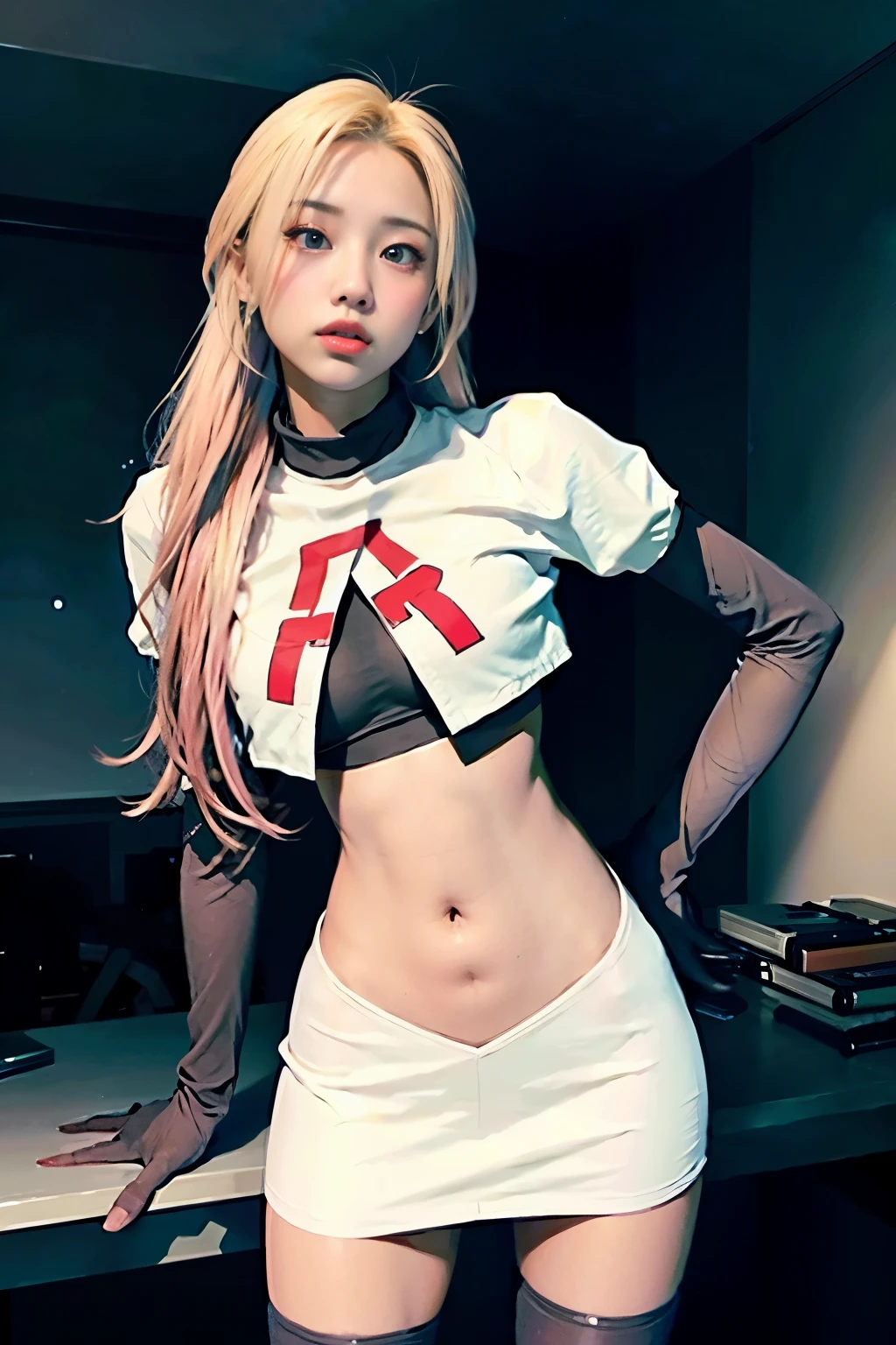 Vyvan , 
1Girl,  cinematic lighting, atmospheric depth, naturalistic, realistic, sexy, wearing team rocket,team rocket uniform,white skirt,red letter R,crop top,black thigh-highs,black elbow gloves,