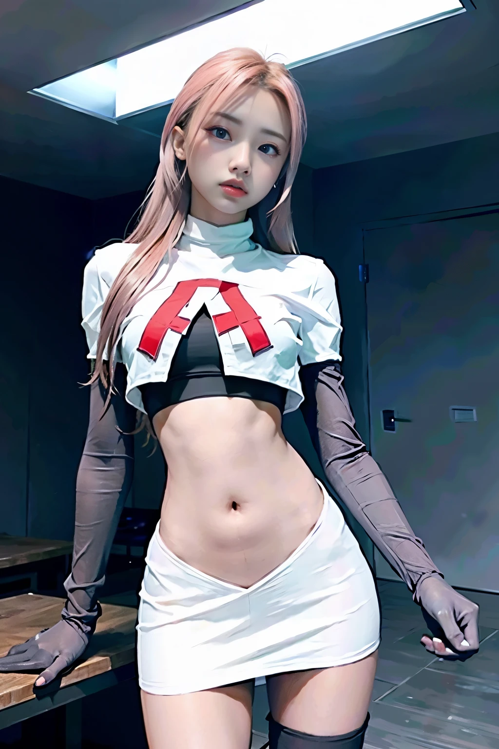 Vyvan , 
1Girl,  cinematic lighting, atmospheric depth, naturalistic, realistic, sexy, wearing team rocket,team rocket uniform,white skirt,red letter R,crop top,black thigh-highs,black elbow gloves,