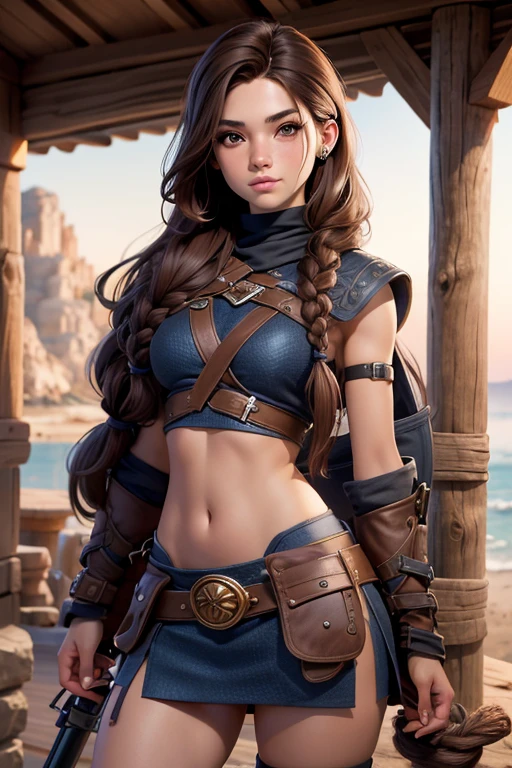 (Obra maestra, La mejor calidad) young 18 year old woman, Cabello largo, ojos azules, cabello rubio, brown hair, tenencia, boca cerrada, Parte superior del cuerpo, arma, trenza, al aire libre, tenencia arma, armadura vikinga, ropa vikinga, realista.