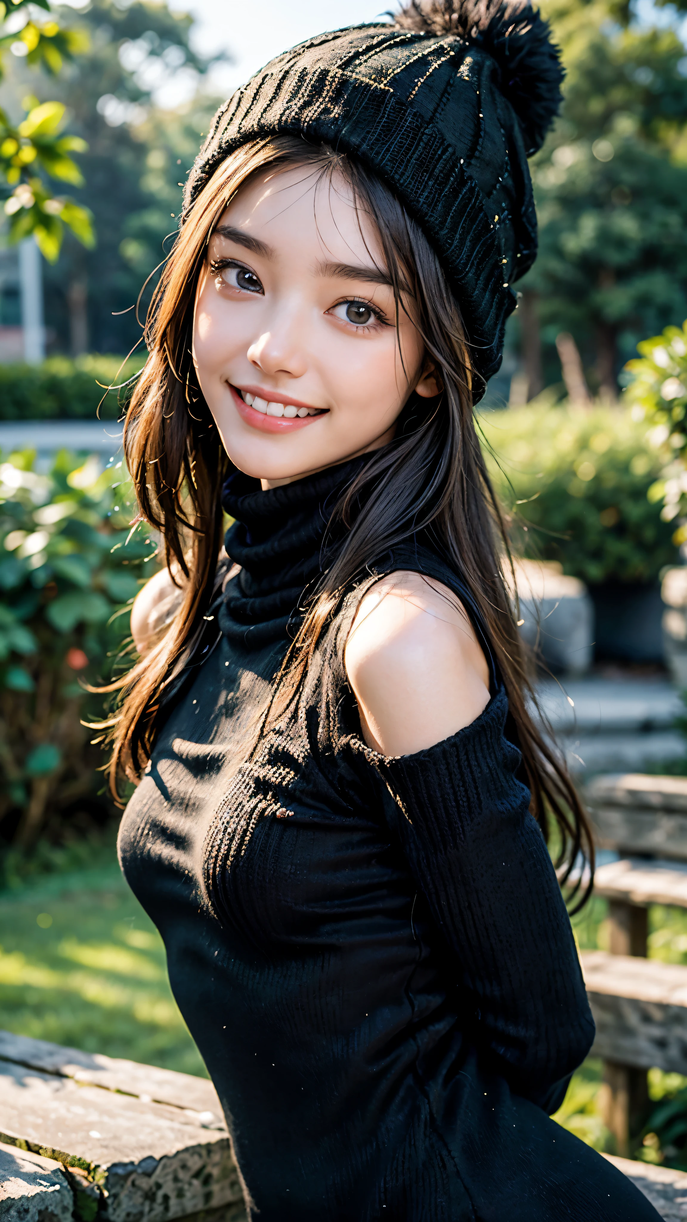 highest quality, masterpiece, ultra high resolution, (realistic:1.4), (close portrait) RAW photo, 1 girl, 22 years ago, (((Black Turtleneck Open Back Knit Dress Black))),(((Black knitted hat))), masterpiece, realistic pictures, japanese pictures, fuji negative film, saturation, contrast, Pocari Sweat Advertisement ((small breasts)),((smile showing teeth)),Long hair straight,brown hair,