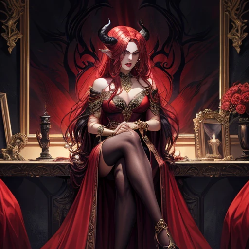 (masterpiece, best quality), 1girl, a demon woman with seductive allure, 35 years old, (female demon, succubus), red skin, horns, pointed tail, shimmering gown, sultry expression, fiery eyes, long, flowing hair, (realistic representation), (high resolution, high detail), (evocative lighting), (evil-looking but aesthetically pleasing), (sexy pose, legs crossed), (luscious red lips), (smoky eyes, dark makeup), (ornate jewelry, chokers, bracelets), (tempting, provocative), (an intriguing mixture of fear and desire), (standing