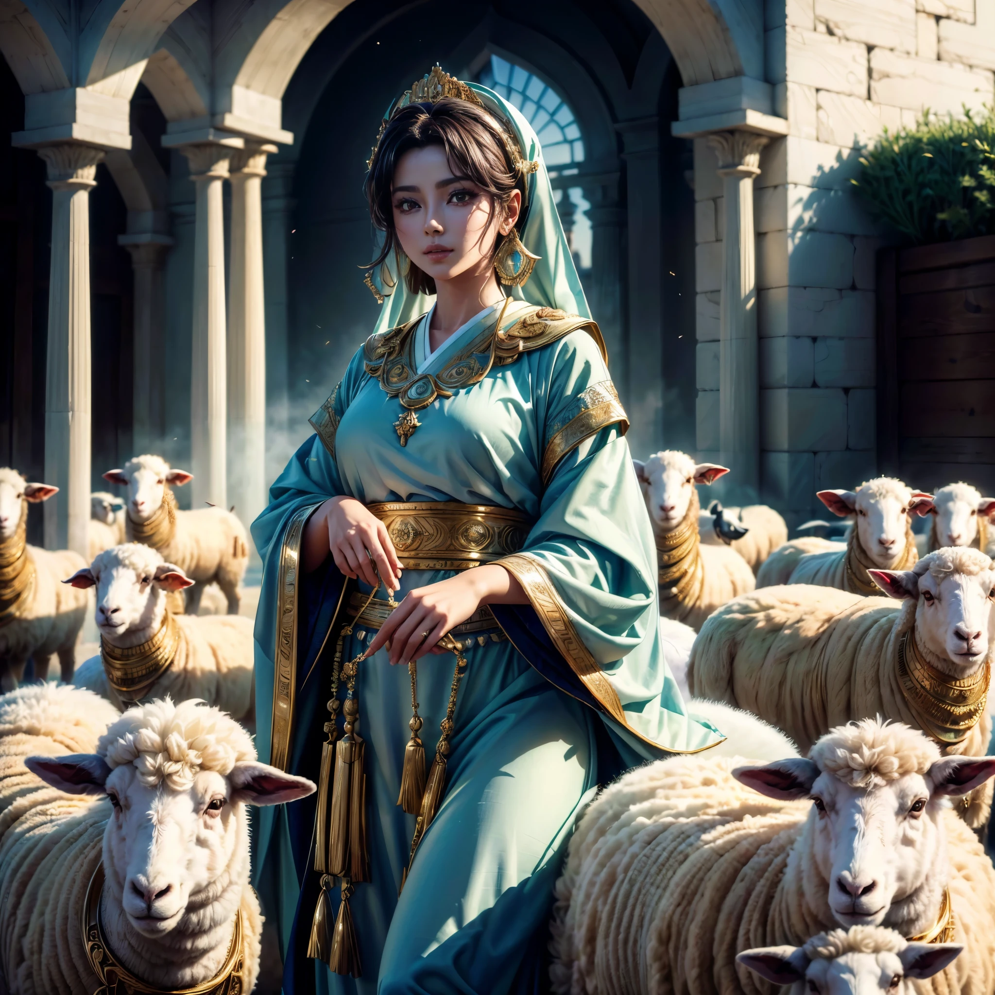 (best quality,4k,8k,highres,masterpiece:1.2),ultra-detailed, Sumerian Goddess Lahar, pr1y4nk4, dressed in shepherd's robes, watching over the sheep, drawn in the style of Yoshitaka Amano, HDR, 8k, absurdres, cinestill 800, sharp focus, add_detail:2