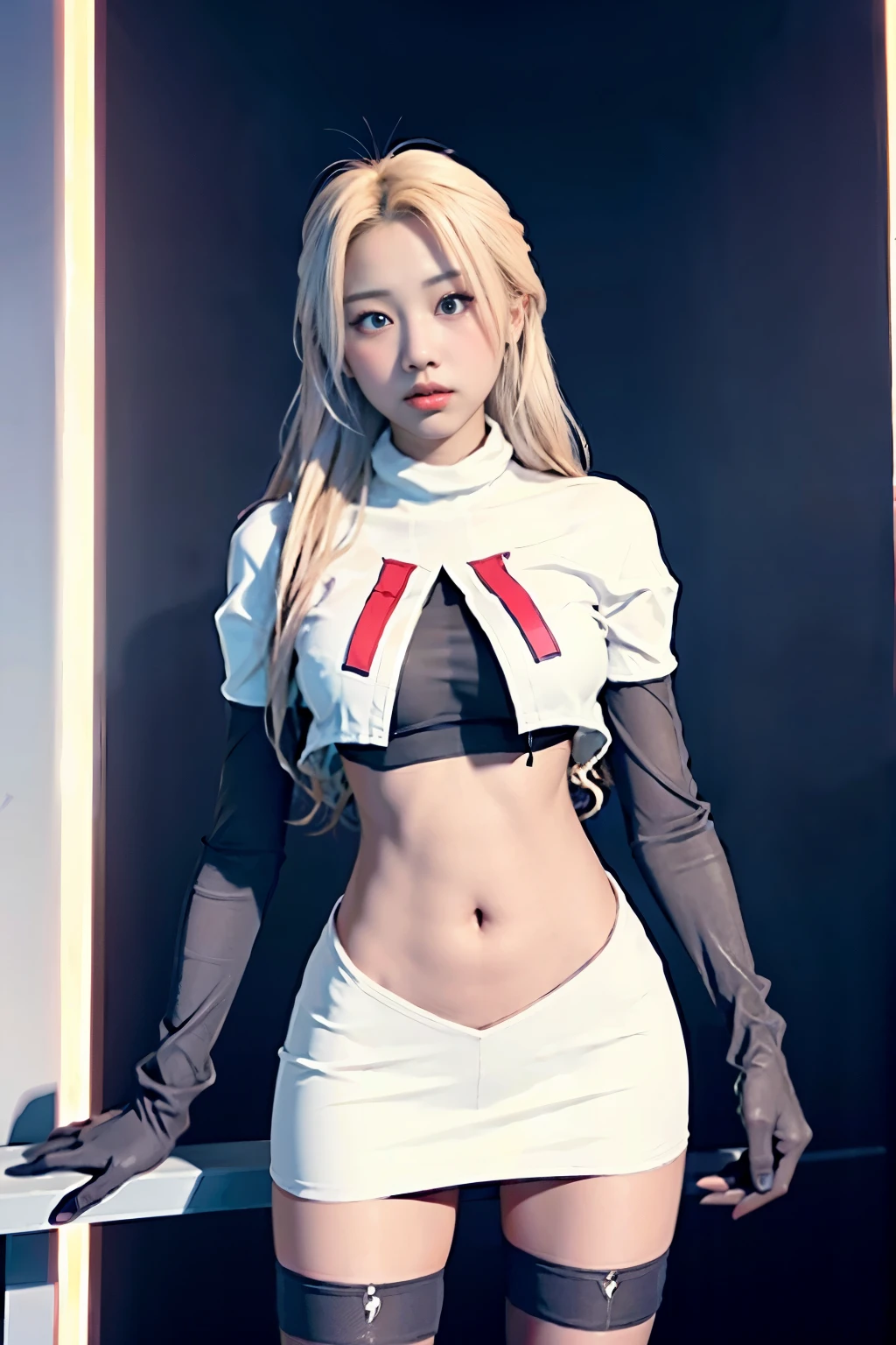 Vyvan , 
1Girl,  cinematic lighting, atmospheric depth, naturalistic, realistic, sexy, wearing team rocket,team rocket uniform,white skirt,red letter R,crop top,black thigh-highs,black elbow gloves,