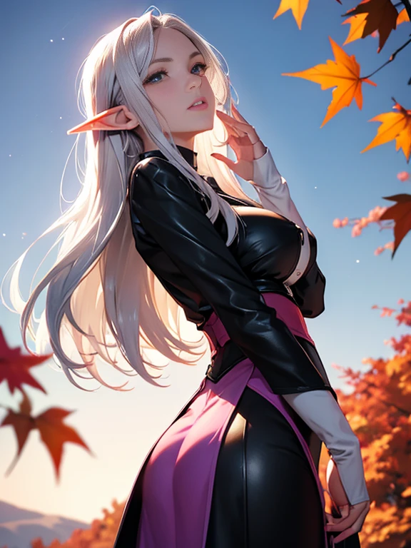 8K, highest quality, RAW photo, ultra high resolution silver blonde silver hair eyes are pink cool beauty beautiful butt thin eyebrows huge breasts 2 limbs alone beautiful nose Make the nose smaller droopy eyes glamorous mouth long coat of black color light reddish purple knit black leather long skirt Sparkling fantastic scenery Raise your hands and look up Panoramic shooting Less exposure elf ears autumn leaves autumn leaves狩り