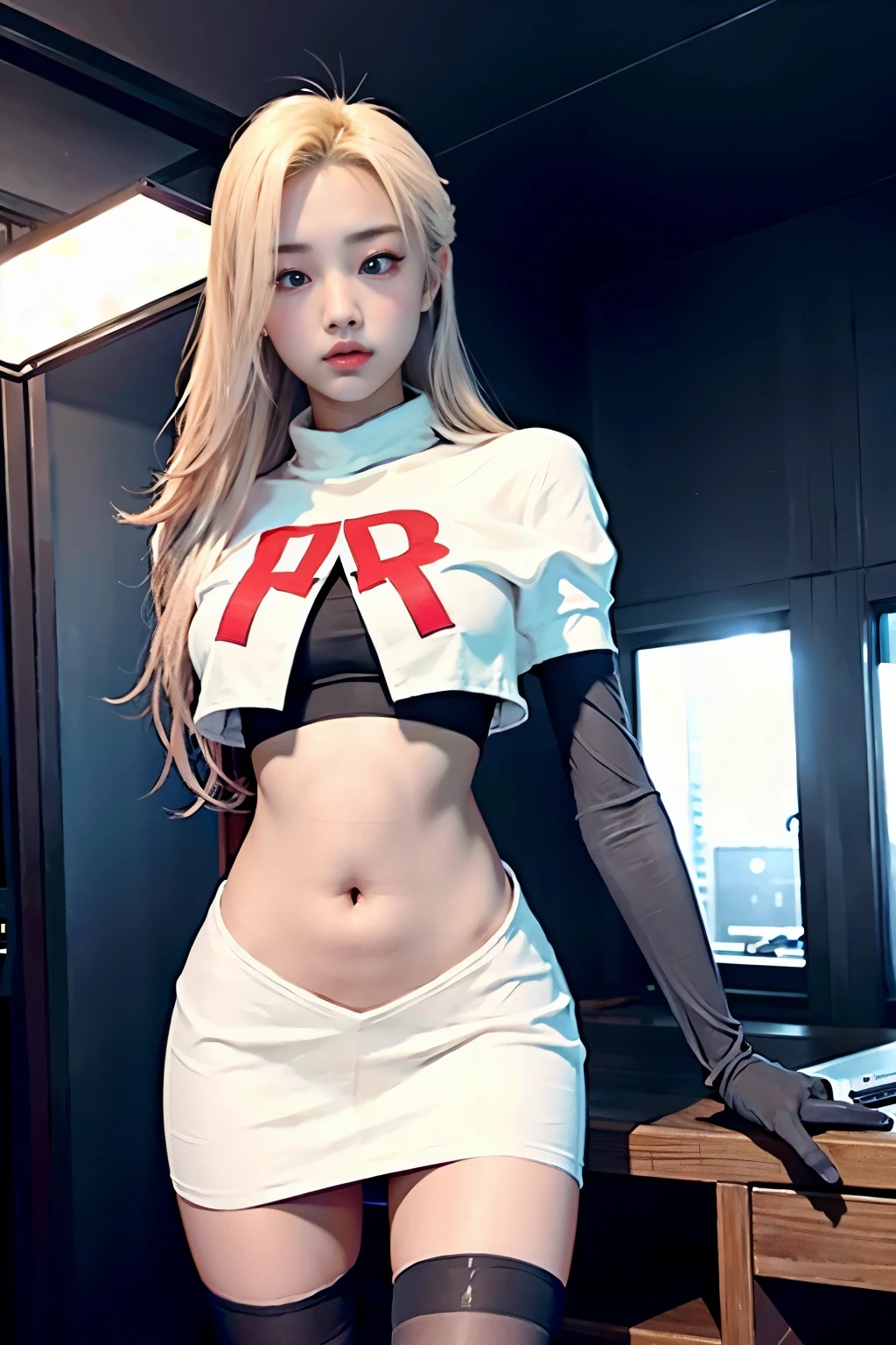 Vyvan , 
1Girl,  cinematic lighting, atmospheric depth, naturalistic, realistic, sexy, wearing team rocket,team rocket uniform,white skirt,red letter R,crop top,black thigh-highs,black elbow gloves,