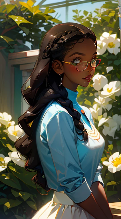 beautiful young woman, 2 long braids, thick bangs, dark hair, a lot of make-up, detailed eyes, detailed hair, detailed face, wearing round glasses, dark skin, portrait. face shot, long head, big nose, big lips, ebony skin, mischievous, blue eyes, wearing a white blouse, long blue skirt, with a brown apron, half body view, slim girl, 16 years old, holding a potted plant with flowers on a table, greenhouse background (natural skin textures、Hyper-Realism、Soft light、sharp)