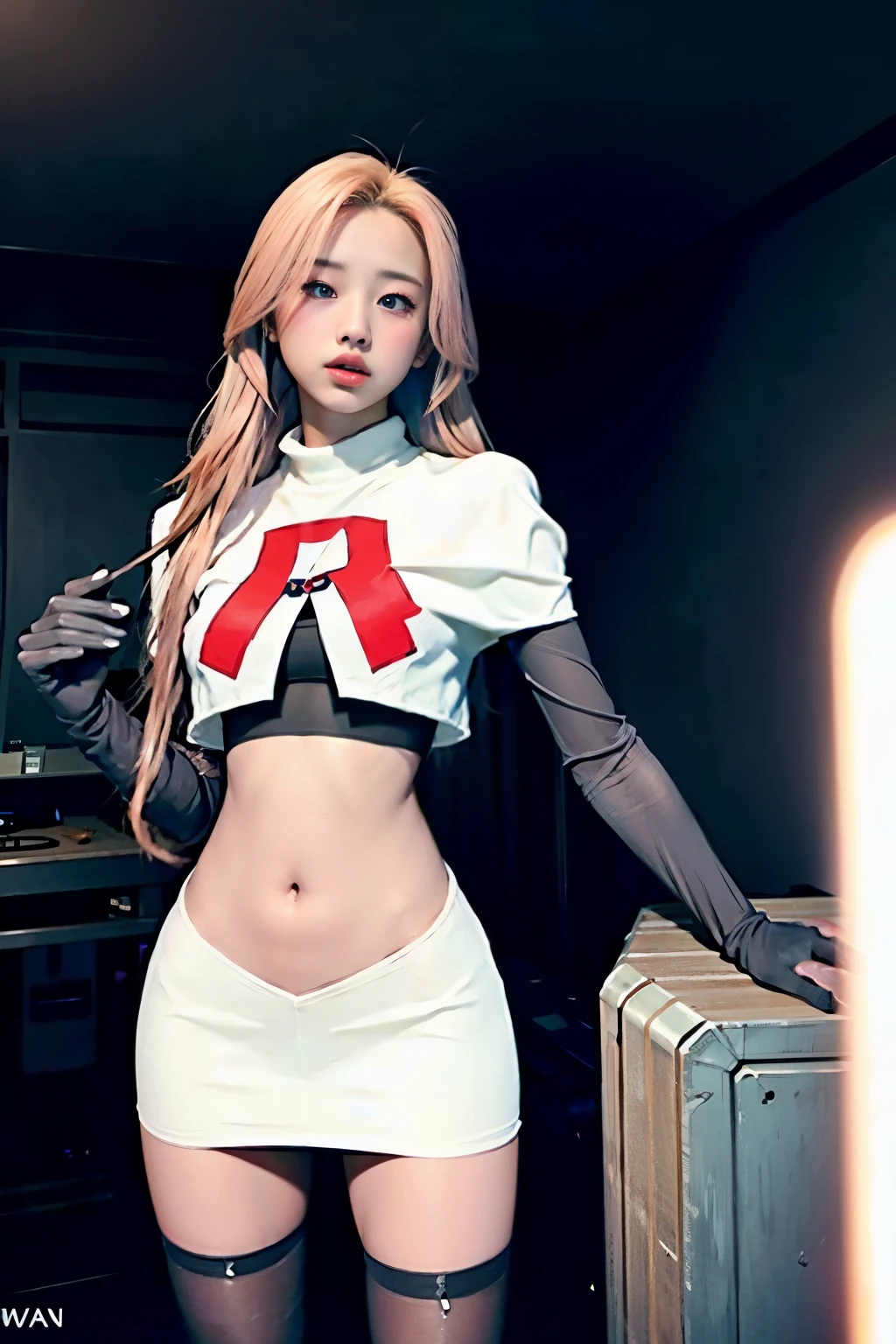 Vyvan , 
1Girl,  cinematic lighting, atmospheric depth, naturalistic, realistic, sexy, wearing team rocket,team rocket uniform,white skirt,red letter R,crop top,black thigh-highs,black elbow gloves,