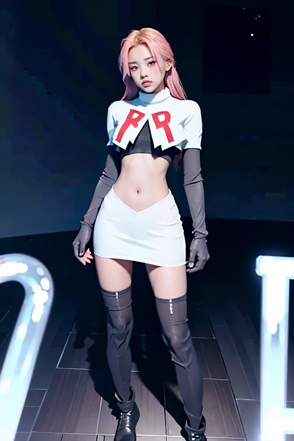 Vyvan , 
1Girl,  cinematic lighting, atmospheric depth, naturalistic, realistic, sexy, wearing team rocket,team rocket uniform,white skirt,red letter R,crop top,black thigh-highs,black elbow gloves,
