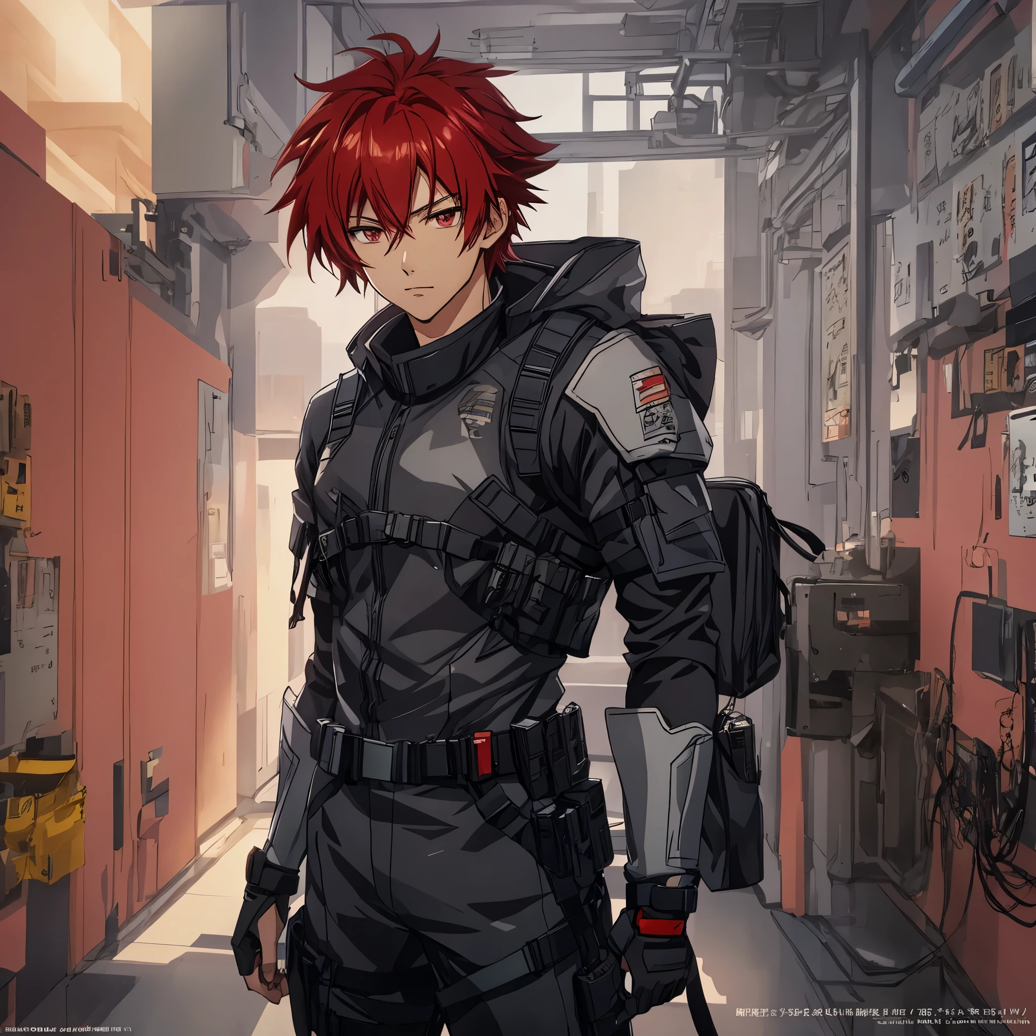 1 male, solo, red hair , anime character wearing combat suit, kaworu nagisa, anime handsome man, male anime character, tall anime guy with red eyes, hajime yatate, anime, fubuki, action anime pose, yukito kishiro, young anime man, official art, makoto kano, male anime style, masterpiece, rtx, ray tracing, highly detailed, best quality, official art