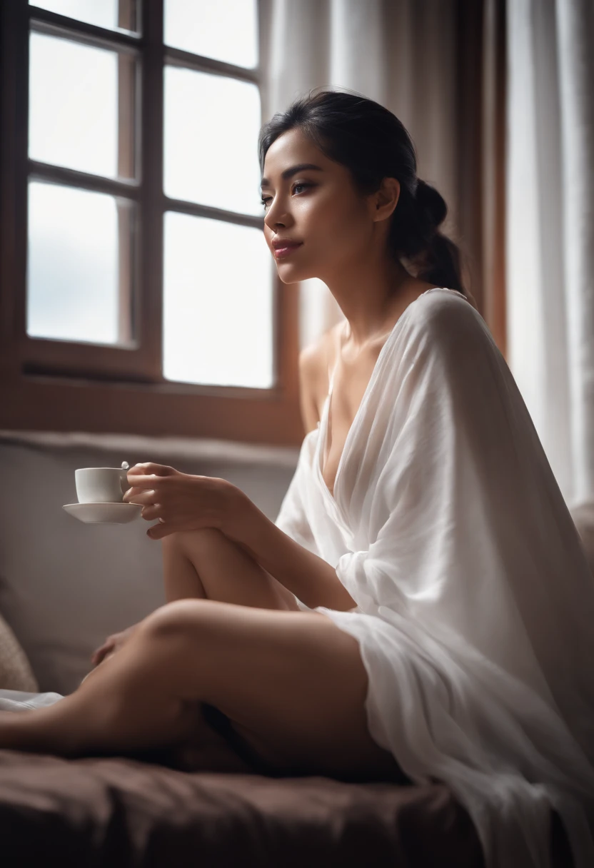 full body photo, beautiful woman from Indonesia, 20 years old, only wearing a very thin white cloth and not wearing pants and bra, nipples clearly visible, body perfectly proportioned, sitting near the window, face shaded, facing the window, raining outside, messy bed background, coffee drinking pose, real reflection of woman in window, hyperrealistic, photorealistic, ultra HD, detailed texture, full body, 8K image.