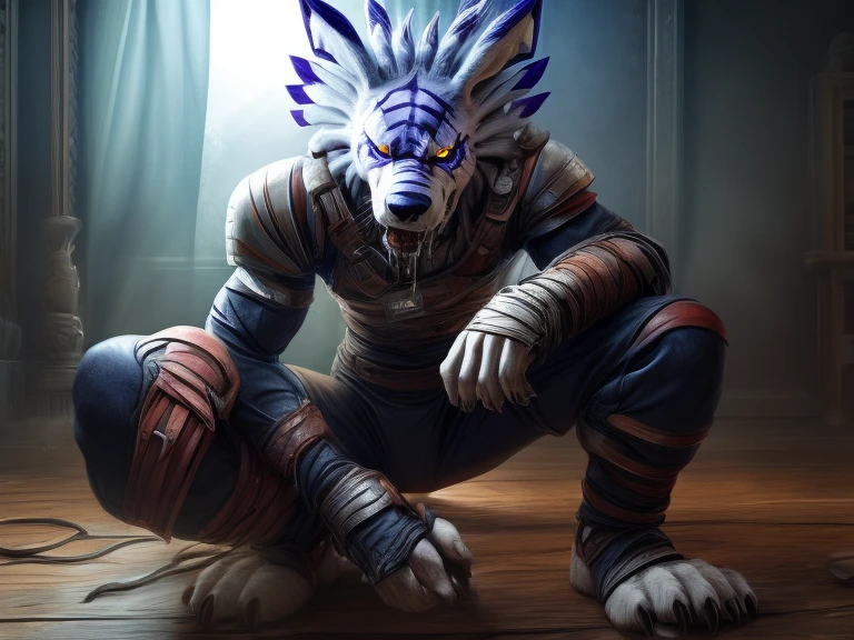 Barefoot WereGarurumon wears black ninja suit with red stripes, detailed paws with bandages and claws, blue fur, in a trance, a look of weak resistance to hypnosis on his face, drooling, red glow in his eyes