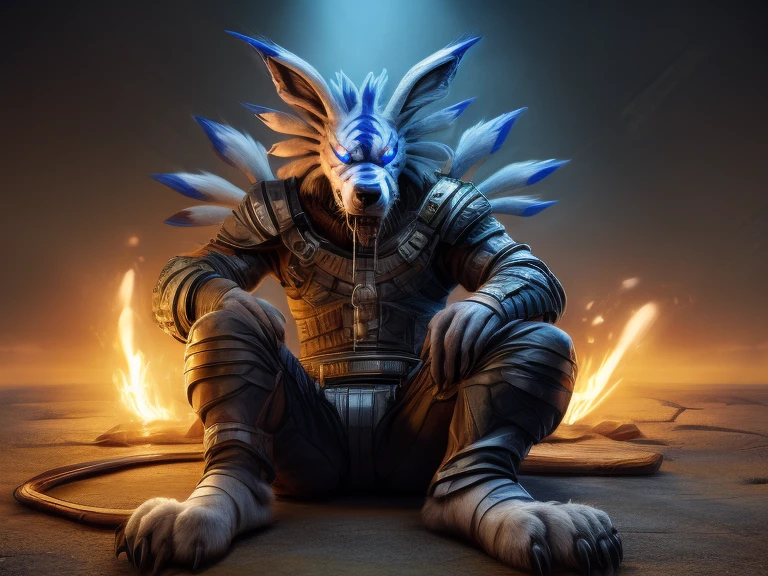 Barefoot WereGarurumon wears black ninja suit with red stripes, detailed paws with bandages and claws, blue fur, in a trance, a look of weak resistance to hypnosis on his face, drooling, red glow in his eyes