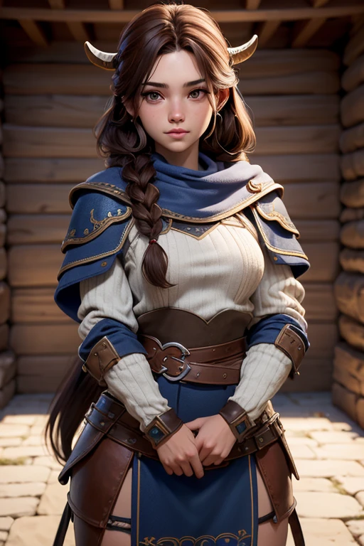 (Obra maestra, La mejor calidad) young 18 year old woman, Cabello largo, ojos azules, cabello rubio, brown hair, tenencia, boca cerrada, Parte superior del cuerpo, arma, trenza, al aire libre, tenencia arma, armadura vikinga, ropa vikinga, realista.