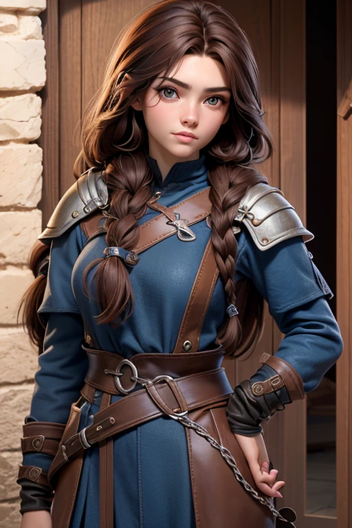 (Obra maestra, La mejor calidad) young 18 year old woman, Cabello largo, ojos azules, cabello rubio, brown hair, tenencia, boca cerrada, Parte superior del cuerpo, arma, trenza, al aire libre, tenencia arma, armadura vikinga, ropa vikinga, realista.