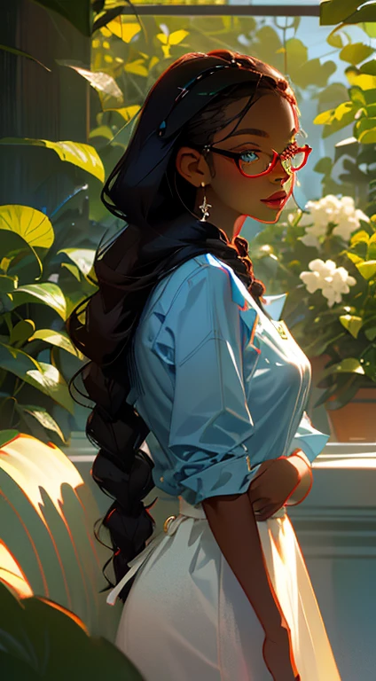 beautiful young woman, 2 long braids, thick bangs, dark hair, a lot of make-up, detailed eyes, detailed hair, detailed face, wearing round glasses, dark skin, portrait. face shot, long head, big nose, big lips, ebony skin, mischievous, blue eyes, wearing a white blouse, long blue skirt, with a brown apron, half body view, slim girl, , holding a potted plant with flowers on a table, greenhouse background (natural skin textures、Hyper-Realism、Soft light、sharp)