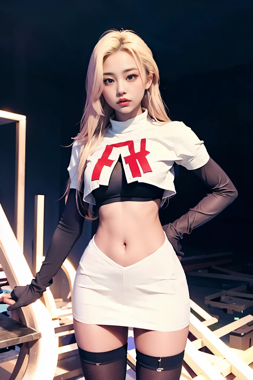 Vyvan , 
1Girl,  cinematic lighting, atmospheric depth, naturalistic, realistic, sexy, wearing team rocket,team rocket uniform,white skirt,red letter R,crop top,black thigh-highs,black elbow gloves,