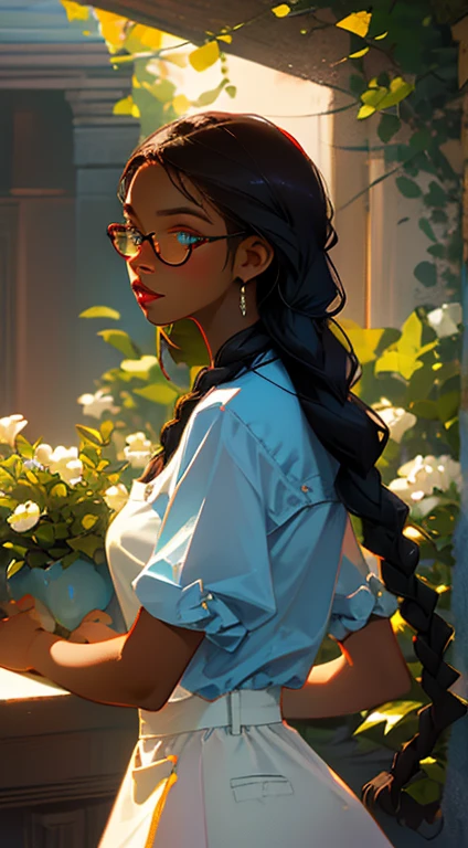 beautiful young woman, 2 long braids, thick bangs, dark hair, a lot of make-up, detailed eyes, detailed hair, detailed face, wearing round glasses, dark skin, portrait. face shot, long head, big nose, big lips, ebony skin, mischievous, blue eyes, wearing a white blouse, long blue skirt, with a brown apron, half body view, slim girl, 16 years old, holding a potted plant with flowers on a table, (natural skin textures、Hyper-Realism、Soft light、sharp)