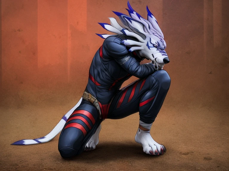 Barefoot WereGarurumon wears black ninja suit with red stripes, tebowing, detailed paws with bandages and claws, blue fur, in a trance, a look of weak resistance to hypnosis on his face, drooling, red glow in his eyes