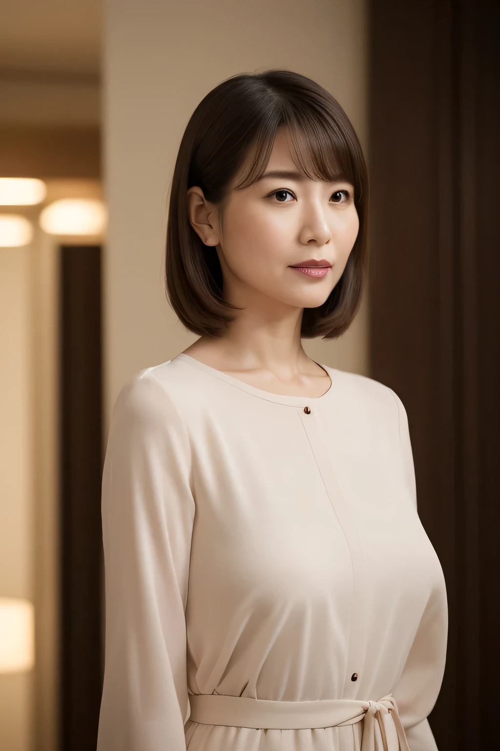 Masseter muscle part, highest quality, masterpiece, High resolution, Photoreal, RAW photo, 8k wallpaper, perfection, professional lighting, very detailed, written boundary depth,pale plain background, ((Japanese mature woman in her 40s)), Chubby body type, women sexy, detailed face, beautiful eyes, bangs, big and full breasts, Straight light brown hair that reaches to the shoulders, faint lips, ((Stand facing forward in the center of the screen.、look at the viewer&#39;serious face eyes.)),business wear, legs pop out of frame, looking at the viewer,