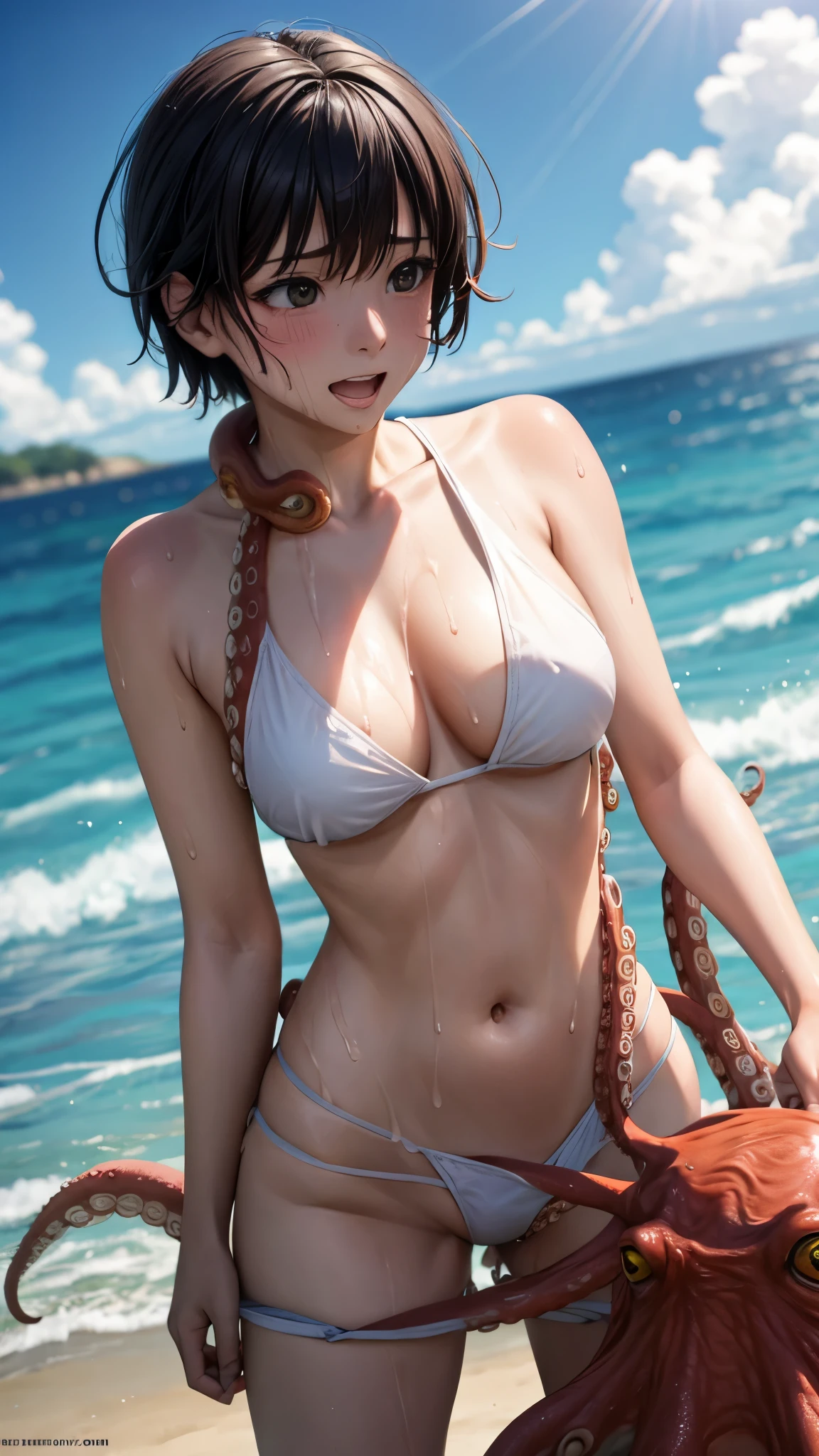 woman,20-year-old,((Ocean)),White Micro Bikini,(Harada Makoto),open mouth smile,(((See-through)))(((lots of octopus)))((Octopus tentacles wrap around the body))((blush))(((wet with sweat)))