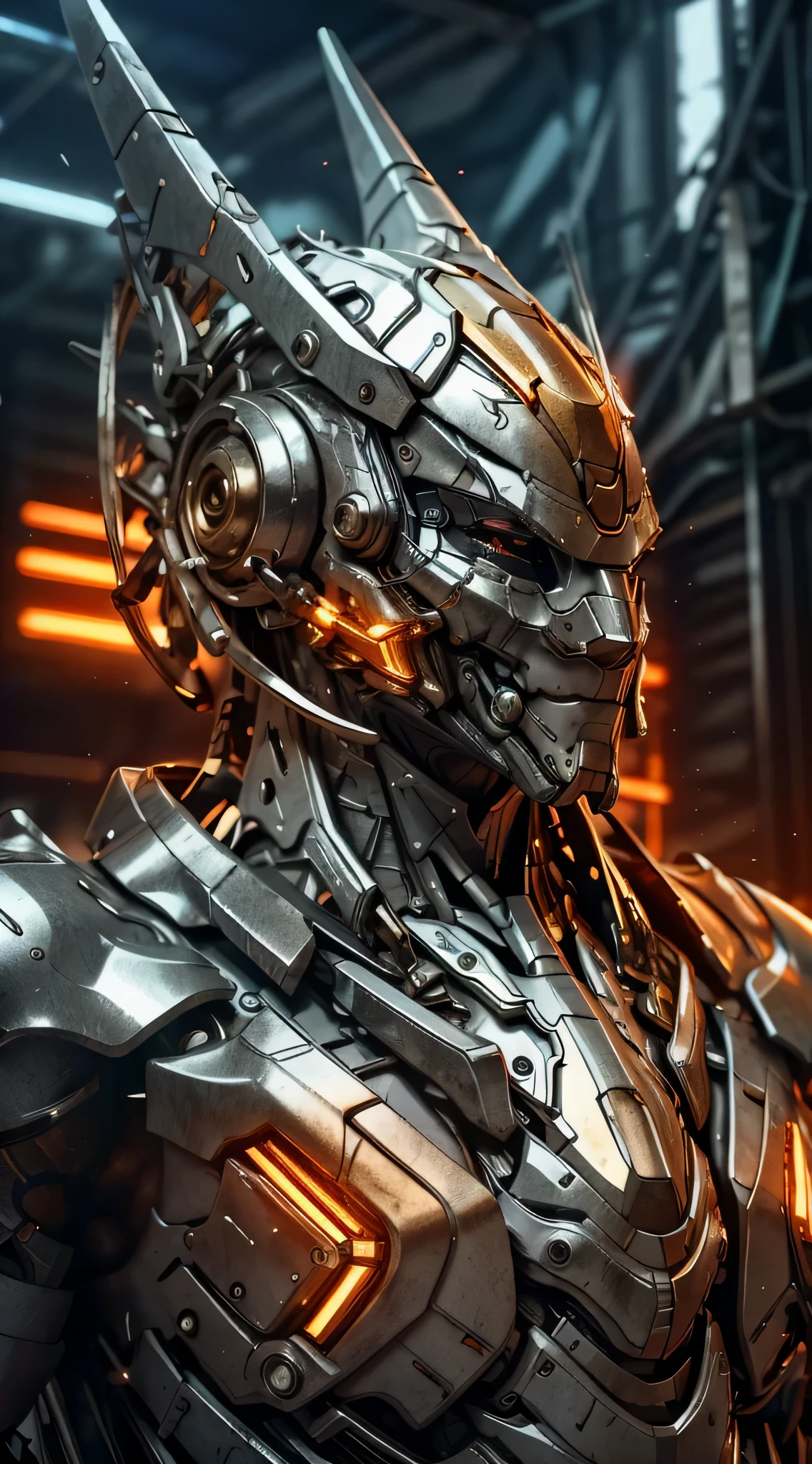 sh4g0d,zeekars,mecha musume,mechanical parts,robot joints,headgearhigh detail,hyper quality,8K,Unreal Engine,Quixel Megascans Render,realistic,Wasteland Punk,the loneliness of a future world,beams of future technology,Gold and silver-tone,Cyberpunk,silver metallic surfaces,bust