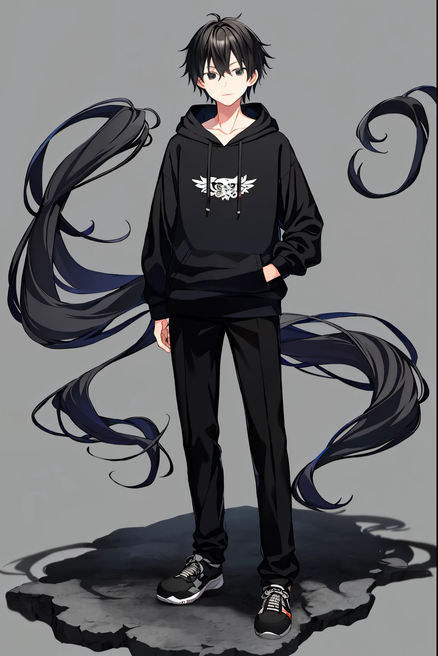 Masutepiece, detailed picture, best quality, 1boy, high quality, black gray hair, black eyes, black hoodie, black pants, standing