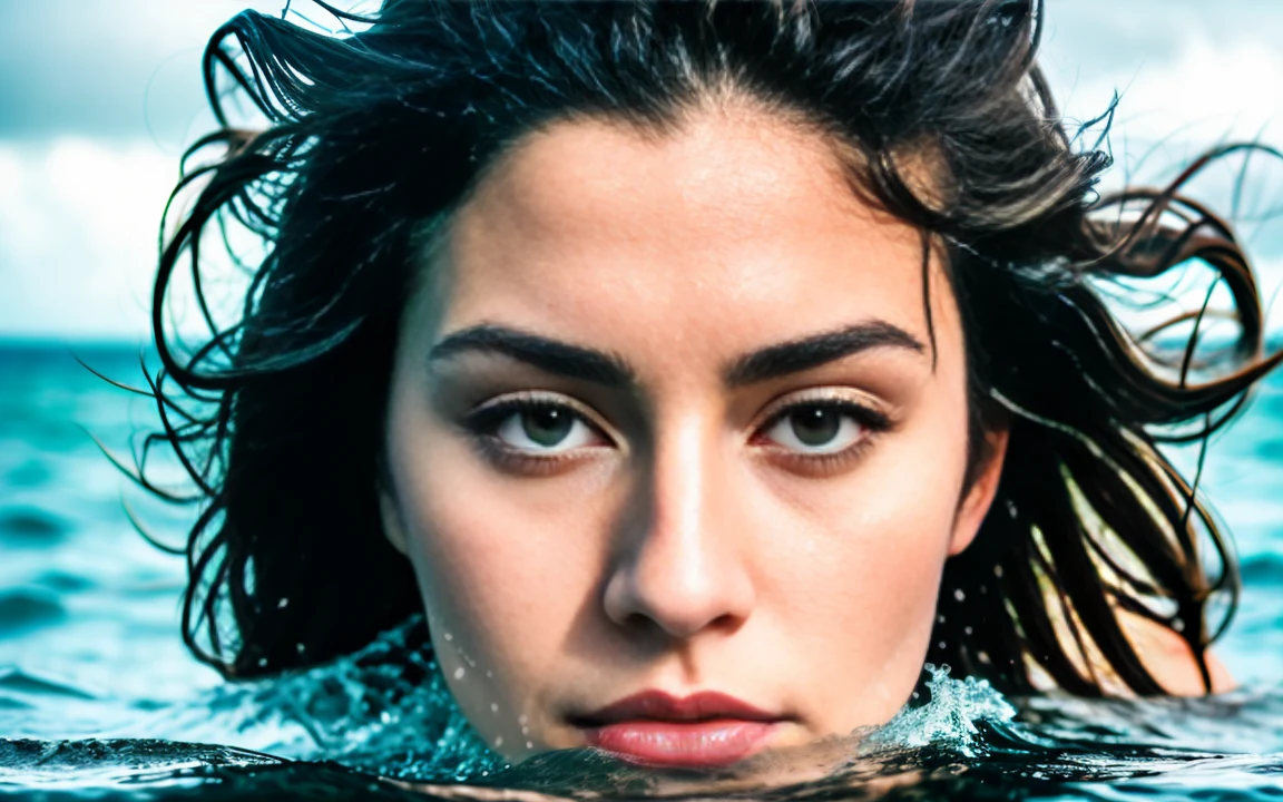 analog style, RAW photo, photography, hyper photorealistic, sharp focus, amateur photo of woman swim in middle of the sea, (half body inside water:1.3), wet, day time, clear cloudy sky, an island far in background, soft natural raw lighting, highly detailed, best quality, ultra detailed, extremely detailed, taken from mobile camera, f/22, deep depth of field, grain, noise, flashlight, (long shot:1.2)
