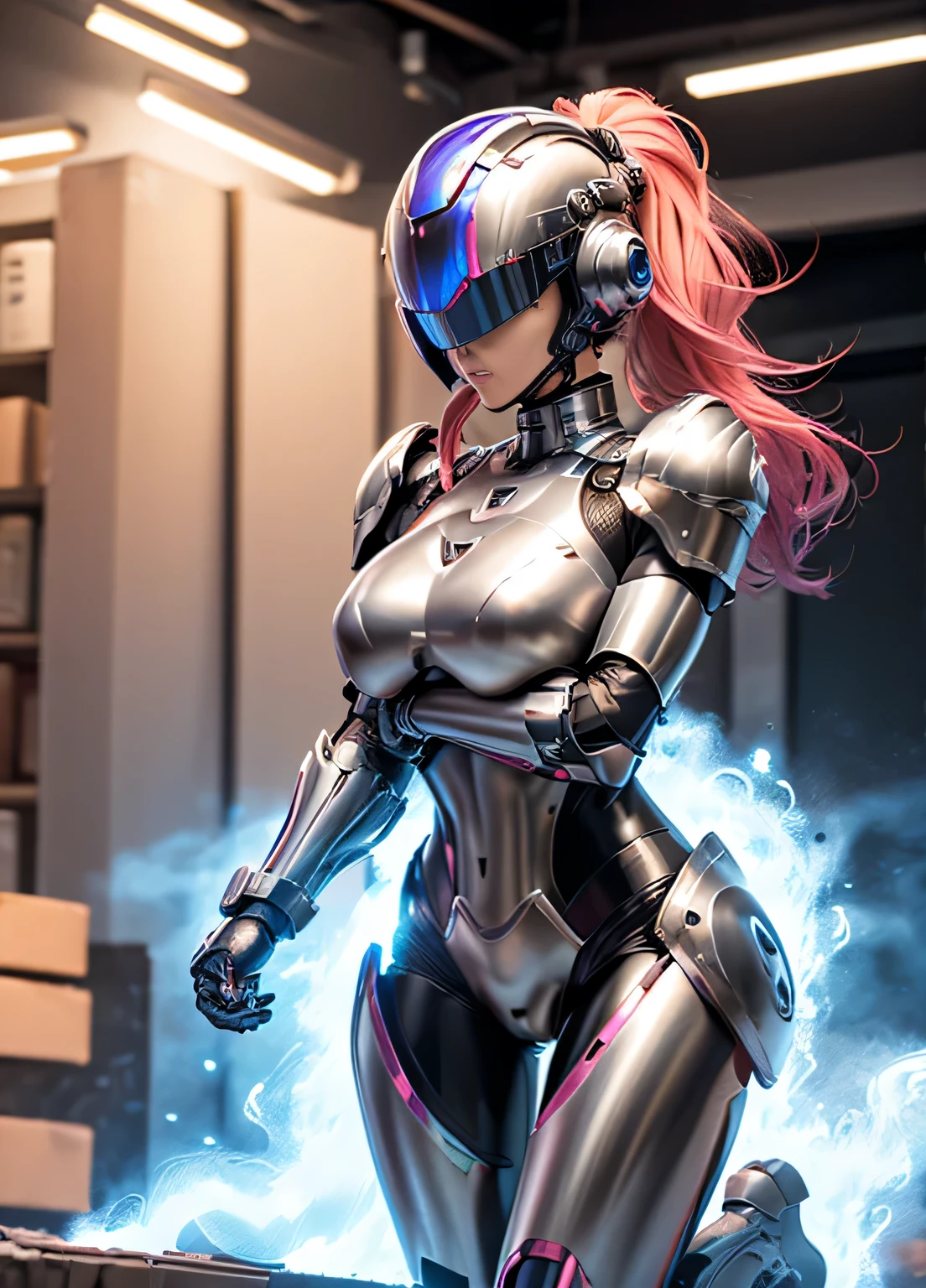 female robocop solo、Armor that completely covers the whole body、very large armor、Helmet to hide your eyes、Rainbow Armor、Armor that completely covers the chest、thin and long legs、Vibrant Posel Body View、big and full breasts:1.5, (Moving body:1.5), Arafe woman solo with ponytail hair