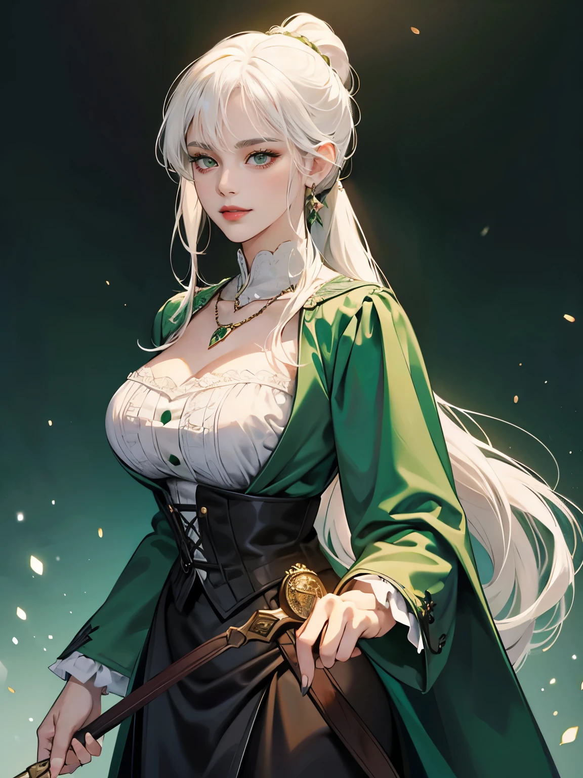 masterpiece, best quality, realistic, 1woman, no smile and charming young woman, 27 year old, happy look, portrait, extremely detailed face, green eyes color, [thick eyebrow] Beautiful, full body, western, Jewish, smile face, red lips, white hair color, jewelry, Necklace, big boobs, masterpiece, best quality, realistic, one mature female, extremely detailed face, ((length white hair)), slender, Extremely delicate and elegant face, Sexy and feminine, cinematic lighting, makeup, Victorian era, (whole portrait), Hogwarts background, hogsks, wearing slytherin uniform, slytherin uniform, add bangs hair, look at viewer, slytherin cloak, night background, bangs hair, add ponytail hair, ponytail hair,