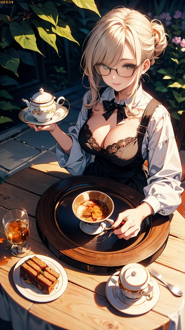 (best quality, masterpiece), (ultra high resolution, 8K RAW photo, photo realistics:1.5, textile shading, thin outline, clear focus:1.2), Beautuful Matured woman preparing tea_party in the garden, standing by the round table, (meisen's tea set, tea pot, tea cups, some cakes on dish), delicate and classy Baroque style white table with gold accents and royal_blue, wearing light_brown maid uniform, breast cleavage, maid costume:1.2, long flare skirts, apron, bow ties on the chest, long tall sally, long legs, white hair, (wearing thin-flame glasses:1.2), (milf:1.5, 28 years old, solo), (large breast, sagging breast, big tits, narrow waist), (medium short white hair, hair over one eye, (updo hair:1.2), side lock, asymmetric hair, wavy hair), (bright pupils, detailed eyes, high detailed face, Perfect face shape, eye rush), (seductitve smiling, half-closing eyes), (looking at viewers:1.3), (dynamic angle, full body, from above:1.2), ((correct anatomy:1.5, correct hands)), (ideal ratio of body proportions), (outdoor:1.2, grass field), 