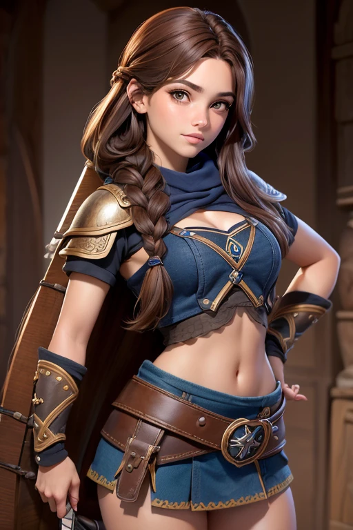 (Obra maestra, La mejor calidad) young 18 year old woman, Cabello largo, ojos azules, cabello rubio, brown hair, tenencia, boca cerrada, Parte superior del cuerpo, arma, trenza, al aire libre, tenencia arma, armadura vikinga, ropa vikinga, realista.