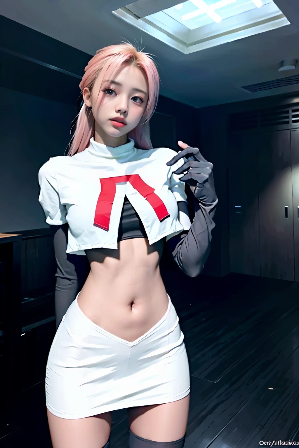 Vyvan , 
1Girl,  cinematic lighting, atmospheric depth, naturalistic, realistic, sexy, wearing team rocket,team rocket uniform,white skirt,red letter R,crop top,black thigh-highs,black elbow gloves,