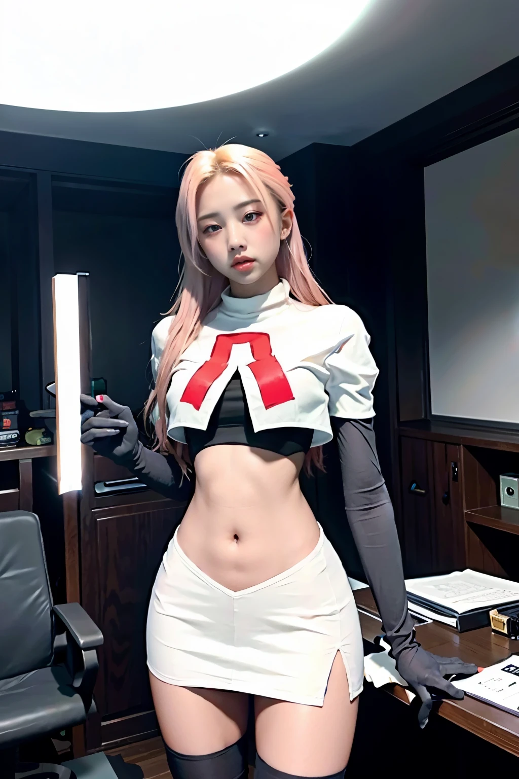 Vyvan , 
1Girl,  cinematic lighting, atmospheric depth, naturalistic, realistic, sexy, wearing team rocket,team rocket uniform,white skirt,red letter R,crop top,black thigh-highs,black elbow gloves,