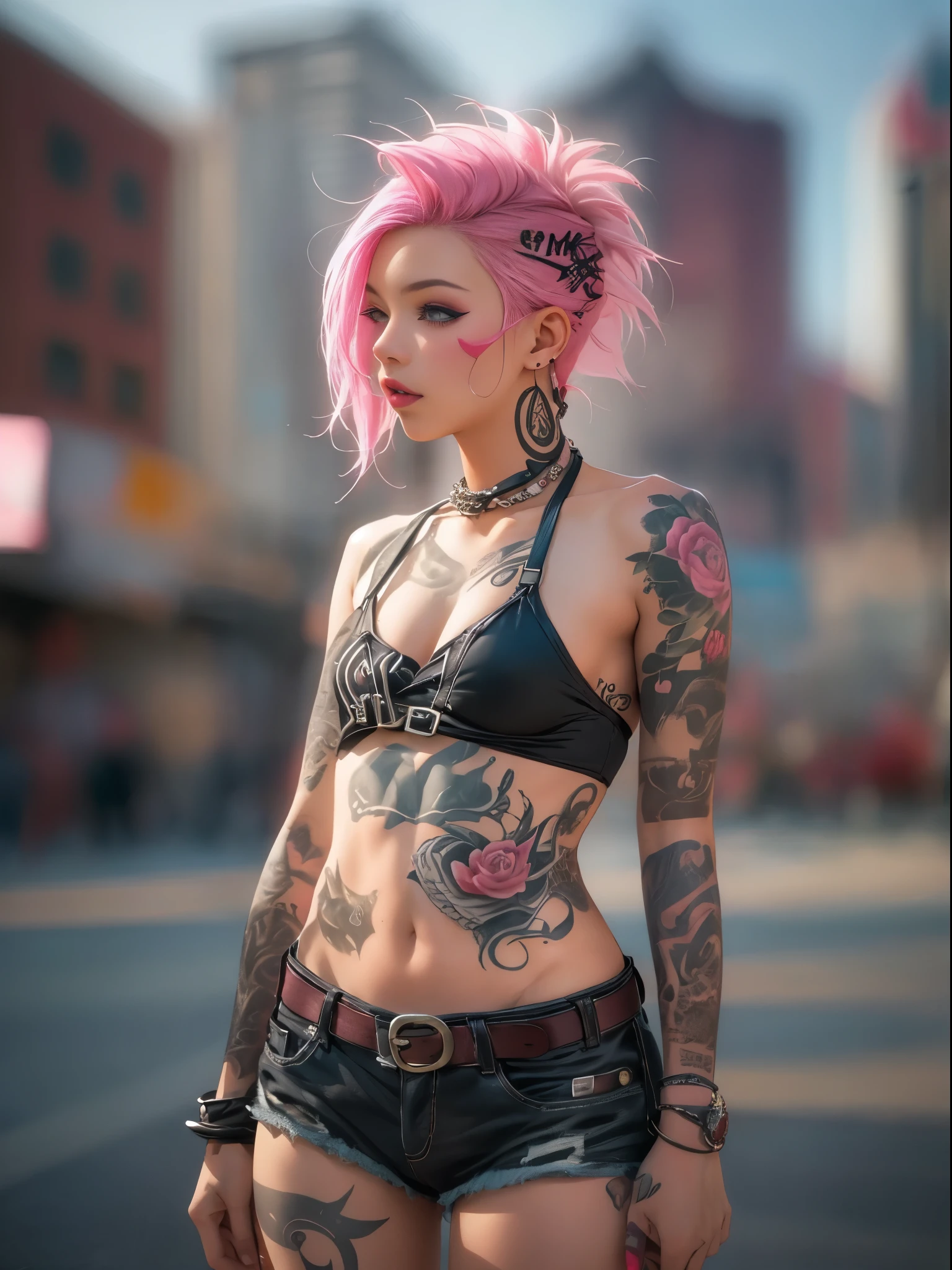 Cute 18 year old punk girl in bikini,、(top-quality、in 8K、32K、​masterpiece、((NSFW)))、(Photorealsitic:1.4),Fancy makeup, shapeless punk hair,punk fashion、A pink-haired,、Tattoos on the body,、Downtown District Background、Backlight effect、depth of fields,blurry backround,