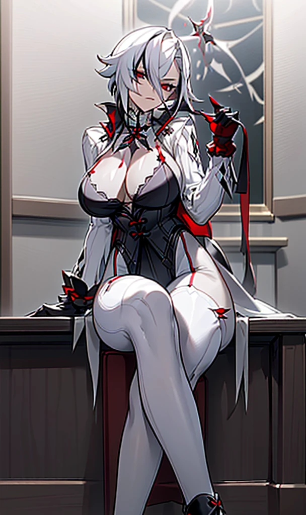 NSFW, ((Masterpiece, best qualtiy))，arlecchino, arlecchino from genshin impact, exquisitedetails，Fine background，Delicate light，Ray traching，Perfect texture，one-girl，White shirt，Black super shorts，Black band on upper body，Strangle，leg loops，Black stockings，black military boots，Red pupils，Glowing pupils，Exquisite facial features，long leges，Elaborate Eyes，Disdainful eyes，evilsmile，Gloomy environment, voluptuous figure，big tits,  Big breasts and thin waist，Tall guy，抖S，Royal Sister，full body shot shot，Be red in the face，White skin, white hair，Red pick dye，Only a pair of rabbit ears，Narrowing of the skin，Strangulation，mitts，Black clothing，Foot shot，Seductive action，inside in room，sit on chair，Hold your cheeks with both hands，Look down，Positive perspective，Show the legs，Show feet，Show feet，blackstockings，Erlang legs，Wearing military boots on his feet，Show off your shoes，Reasonable limb position