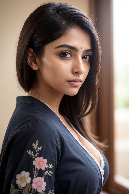 Portrait of confident-looking indian woman with long flowing hair, wearning painted kimono, hazel eyes, medium_breasts,random pose, perfect composition, hyperrealistic, super detailed, 8k, high quality, sharp focus, studio photo, intricate details, highly detailed, ), (softer lighting: 1.05), (increase the quality of cinematic lighting: 0.9),  realistic lighting, backlight, light on the face, ray trace, (bright light: 1.2), (increase quality: 1.4),