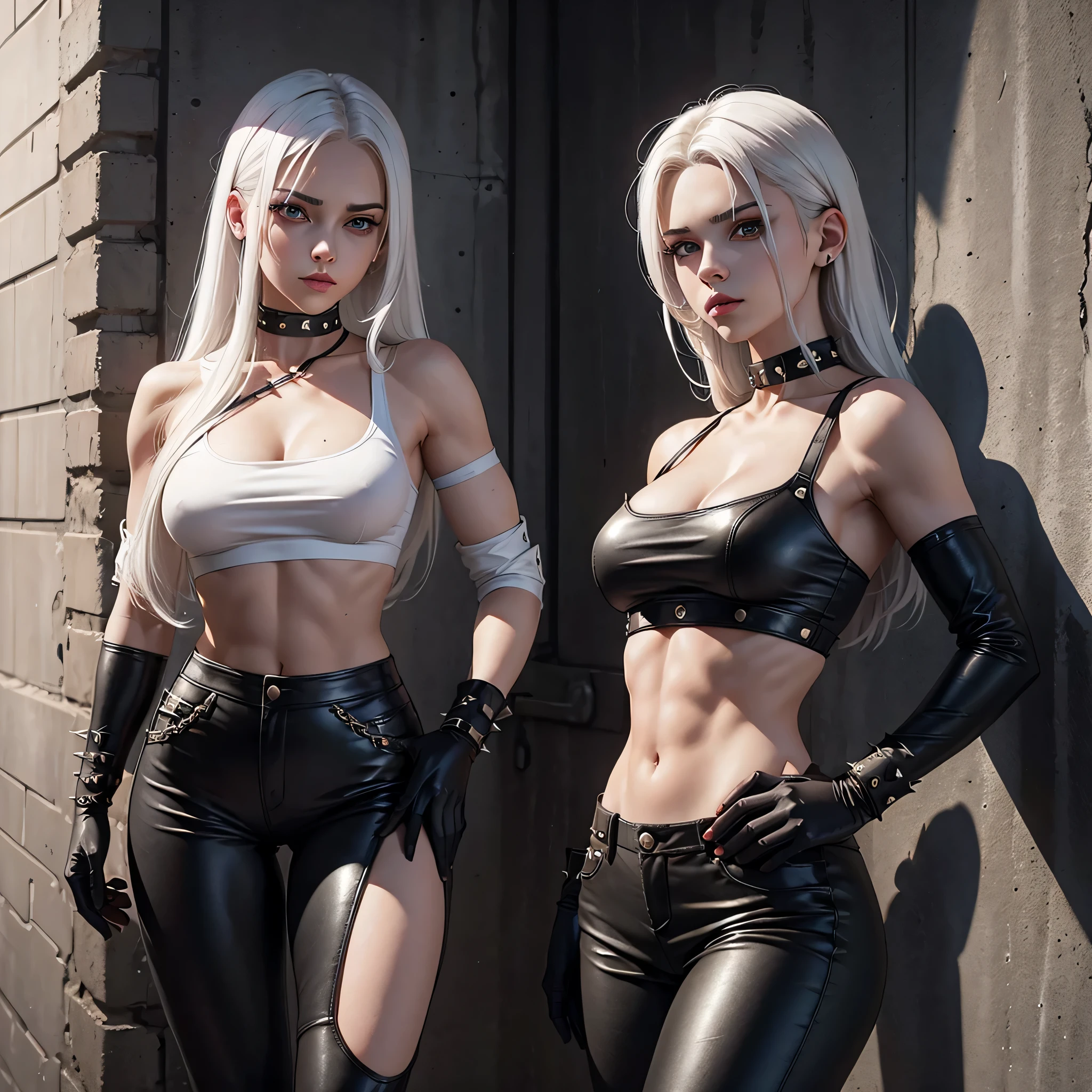 beautiful girl, military, white hair, bloody eyes, choker, cropped top, muscular abdomen, navel, black leather pants, spiked long gloves, wall,