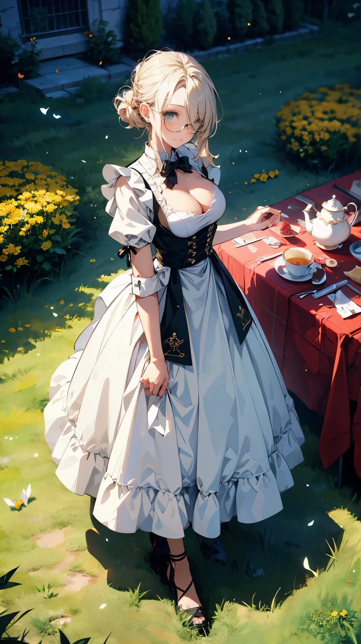 (best quality, masterpiece), (ultra high resolution, 8K RAW photo, photo realistics:1.5, textile shading, thin outline, clear focus:1.2), Beautuful Matured woman preparing tea_party in the garden, standing by the round table, (meisen's tea set, tea pot, tea cups, some cakes on dish), delicate and classy Baroque style white table with gold accents and royal_blue, wearing light_brown maid uniform, breast cleavage, maid costume:1.2, long flare skirts, apron, bow ties on the chest, long tall sally, long legs, white hair, (wearing thin-flame glasses:1.2), (milf:1.5, 28 years old, solo), (large breast, sagging breast, big tits, narrow waist), (medium short white hair, hair over one eye, (updo hair:1.2), side lock, asymmetric hair, wavy hair), (bright pupils, detailed eyes, high detailed face, Perfect face shape, eye rush), (seductitve smiling, half-closing eyes), (looking at viewers:1.3), (dynamic angle, full body, from above:1.2), ((correct anatomy:1.5, correct hands)), (ideal ratio of body proportions), (outdoor:1.2, grass field), 