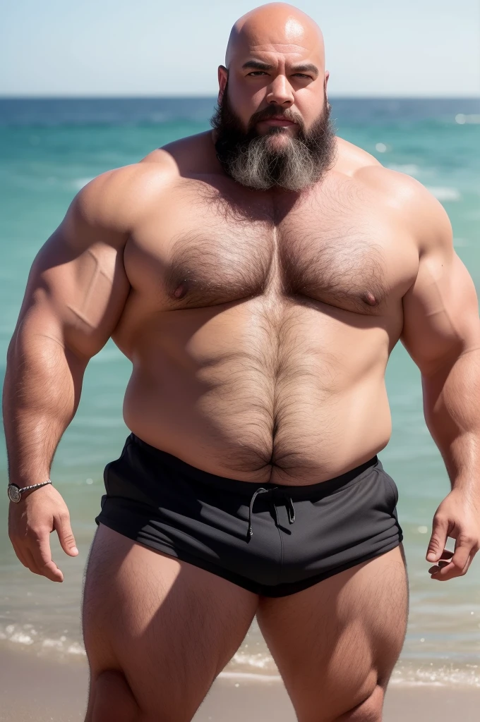 A stunning portrait of a beach scene captures the essence of a tractive beefy Greek mid-age bald man. Standing proudly, his strong muscular physique is on full display, accentuated by his big fat hairy belly and a chest adorned with a carpet of hair. His teared shorts reveal his immense leg muscles, while his hairy pubis and man-sized hairy groin add to his masculine appeal. The photograph, shot on a Nikon Z7 II with a Nikon NIKKOR Z 105mm f/2.8 VR S lens, boasts exquisite chiaroscuro lighting that highlights every contour of his body. With hyperrealism and luminism techniques, the image is rendered in stunning HD, 4k, and 8k resolution, offering