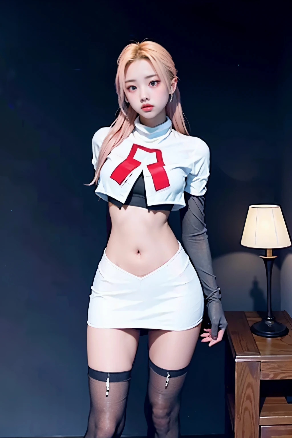 Vyvan , 
1Girl,  cinematic lighting, atmospheric depth, naturalistic, realistic, sexy, wearing team rocket,team rocket uniform,white skirt,red letter R,crop top,black thigh-highs,black elbow gloves,