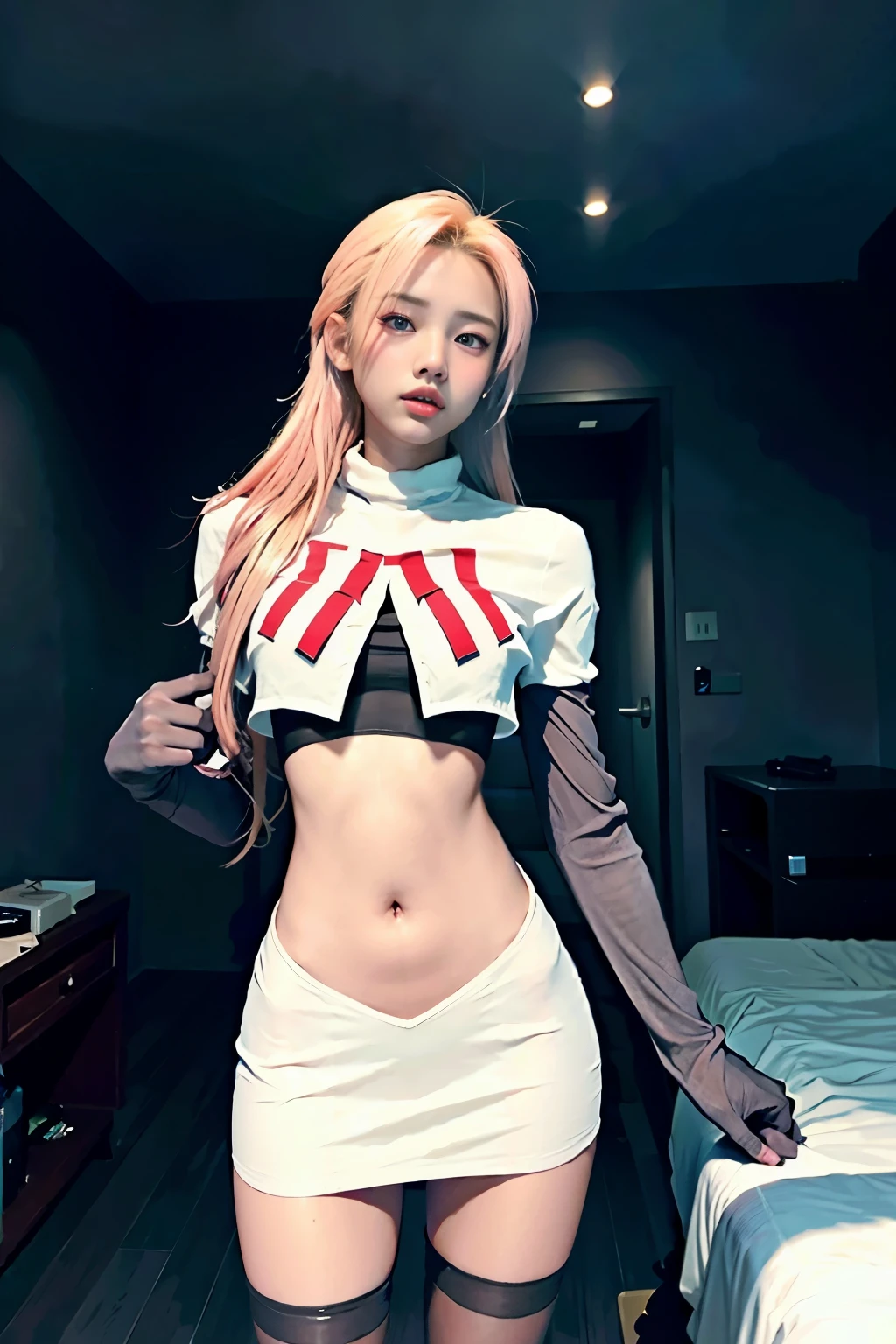 Vyvan , 
1Girl,  cinematic lighting, atmospheric depth, naturalistic, realistic, sexy, wearing team rocket,team rocket uniform,white skirt,red letter R,crop top,black thigh-highs,black elbow gloves,