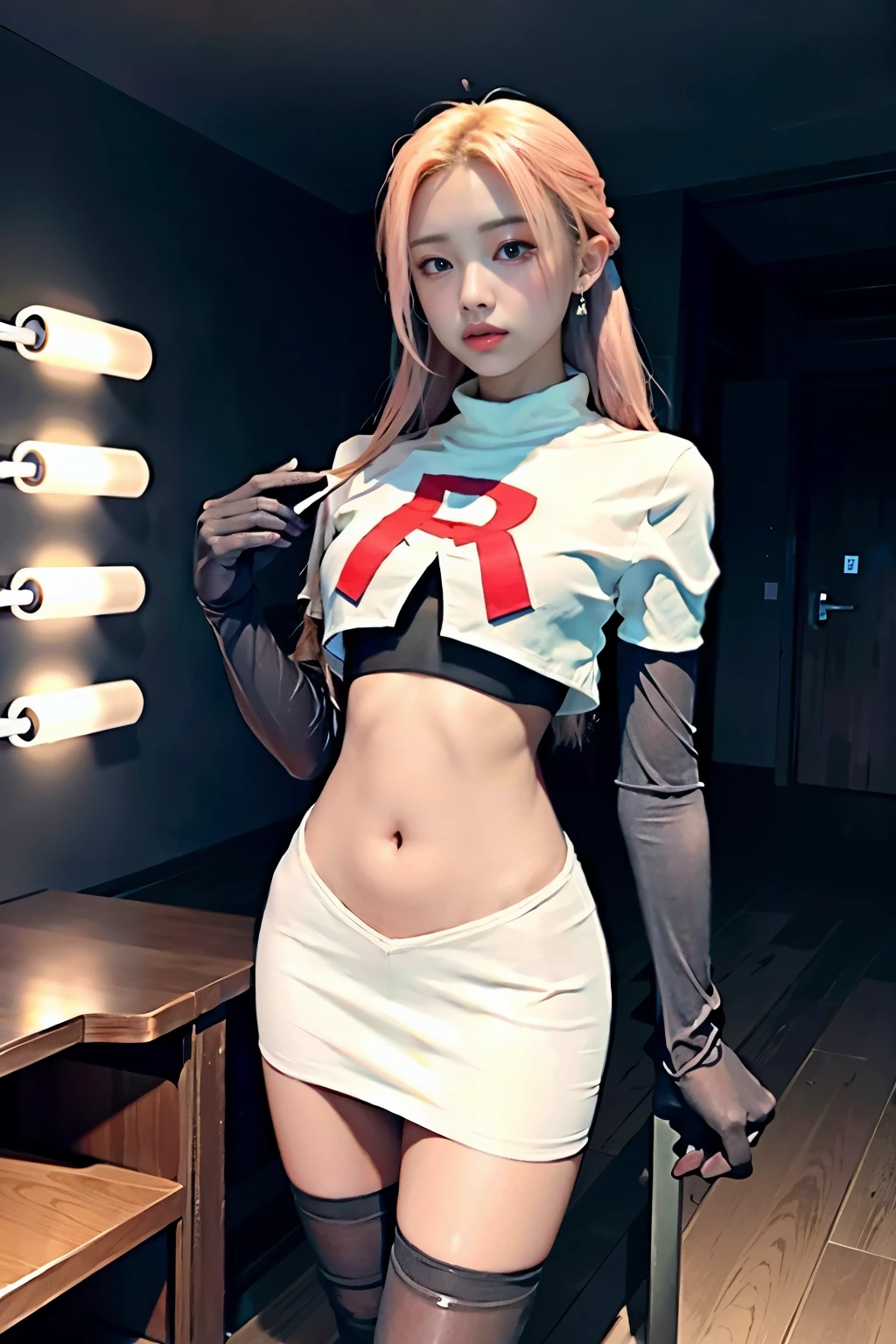 Vyvan , 
1Girl,  cinematic lighting, atmospheric depth, naturalistic, realistic, sexy, wearing team rocket,team rocket uniform,white skirt,red letter R,crop top,black thigh-highs,black elbow gloves,