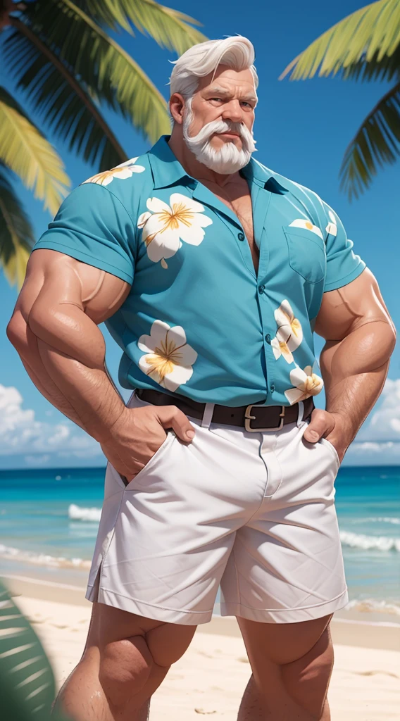 solo, 1boy, An old man with a huge muscular build and (short white hair) is relaxing in sunny beach. He is wearing a Hawaii shirt and shorts. The scene is highly realistic, with the highest quality and attention to detail, creating a masterpiece.